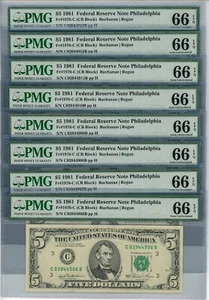 Fr. 1976-C $5 1981 Federal Reserve Note 8 Consecutive 66 EPQ PMG DC-2839 - Picture 1 of 2