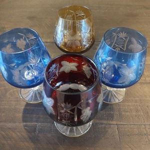 Bohemian Czech Cut to Clear Crystal Brandy Snifter Glasses |Red Blue (2) Amber - Picture 1 of 9