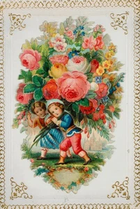 Biglietto di auguri. Con bambini, biglietto di auguri Biedermeier sconosciuto (XIX secolo) - Foto 1 di 4