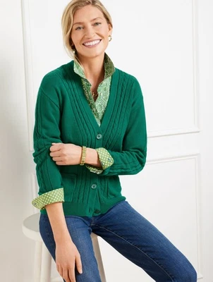 Cable Knit V-Neck Cardigan at Talbots, NWT $119, color LUSH GREEN - Image 1 of 4