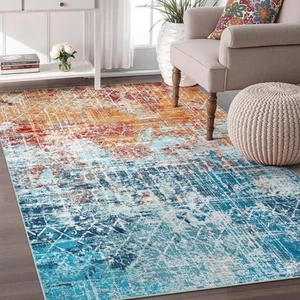 Abstract Washable Living Room Rug 5x7, Large Teal Orange Carpet for Bedroom, ... - Picture 1 of 9