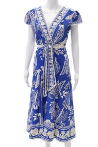 Farm Rio Womens Linen Floral Printed V-Neck Short Sleeve Dress Blue Size XS - Picture 1 of 8