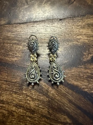 Barbara Bixby纯银泪珠卷轴吊坠耳环带18K金花 — 第 1/4 张图片