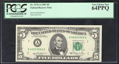 FR. 1976-A 1981 $5 FRN FEDERAL RESERVE NOTE BOSTON, MA PCGS UNCIRCULATED-64PPQ - Image 1 of 2