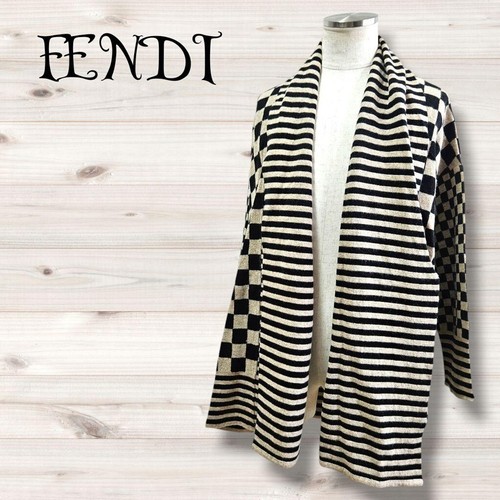 Cardigan Fendi maglia lunga made in Italy righe damier motivo marrone Giappone