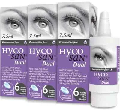 3 X Hycosan Dual Eye Drops 7.5ml Lipid Deficient & Allergy Related Dry Eye Scope