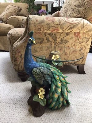 Handmaid Peacock statue coffee table hand painted Heavy Glass 21” Tall - Image 1 of 4