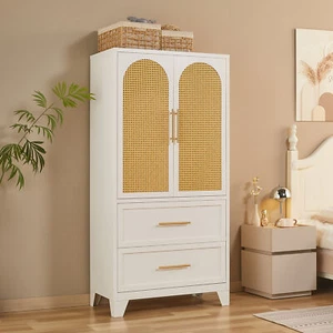 65" Armoire Wardrobe Closet with 2 Drawer Steel Rattan Clothing Storage Cabinet  - Picture 1 of 9