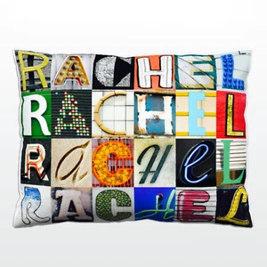 Personalized Pillow featuring the name RACHEL in photos of actual sign letters - Picture 1 of 1