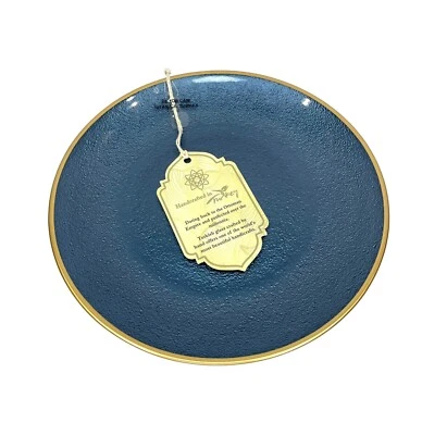 Turkish Glass 4 Salad Dessert Plates Set Blue Texture Gold Rim 8.25" NWT - Image 1 of 4