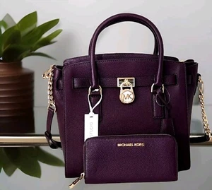 🌞MICHAEL KORS HAMILTON PURPLE LEATHER LG SATCHEL BAG+/OR MATCHING WALLET🌺NWT! - Picture 1 of 47