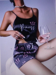 Crown & Hearts 2 Pc Cami & Shorts Set Sz 8/10 Black & Pink Graphics Princess NIP - Picture 1 of 5