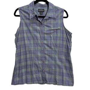 Woolrich Womens Button Up Sleeveless Plaid Shirt Top Casual Blue Green Large - Picture 1 of 8