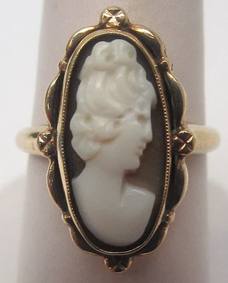 Antiguo anillo camafeo de oro amarillo de 10k tallado a mano aprox. 1940 Talla 6 Foto 1 de 4