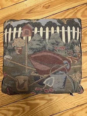 Fashion tapestry Pillow 16" Garden Scene Vintage Green Cottage Core Grandma Core - Image 1 of 4