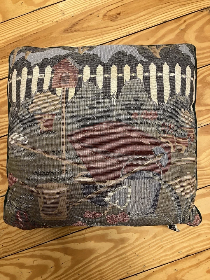 Fashion tapestry Pillow 16" Garden Scene Vintage Green Cottage Core Grandma Core - Image 1 of 4