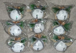 Rustic White Nine 3" Diameter Jingle Bell Ornaments with Christmas Words New - Picture 1 of 3