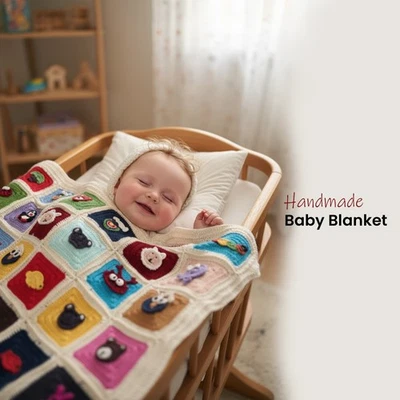 Handmade Crochet Animal Baby Blanket | Granny Square Patchwork Nursery Decor - Image 1 of 4