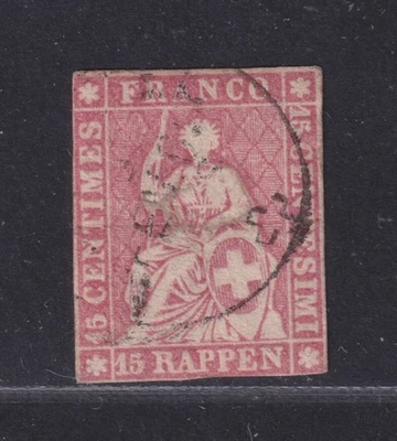 Suiza Scott 38 Usado 1858 15r Rosa Imperf Sentado Helvetia Hilo Verde Foto 1 de 2