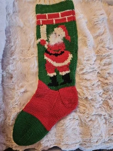 Vtg Hand Knit Wool Christmas Stocking Santa Chimney 23” Holiday Decor READ - Picture 1 of 11
