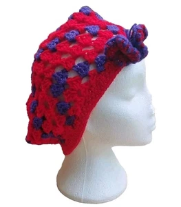 NEW Ladies Hand Crocheted Slouchy style Hat Sparkly Red/purple With Butterfly - Picture 1 of 12