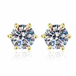 #71 Moissanite 1CT Six Prong Gold Stud Earrings 925 Sterling Silver - Picture 1 of 5