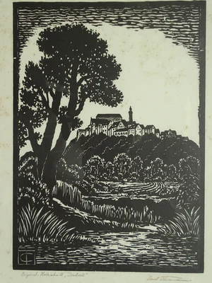Carl Thiemann Holzschnitt Schlossberg Dachau signiert - Widmung Reitmeier 50x36 - Bild 1 von 4