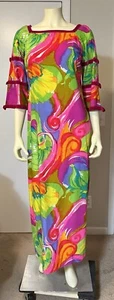 Vintage Kiyomi Hawaiian maxi dress hot pink floral size 8 muumuu 1960s vibrant - Picture 1 of 6