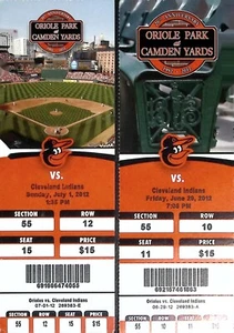 2012 2 Baltimore Orioles Cleveland Indians Game Ticket MLB Baseball Camden Yards - Picture 1 of 3