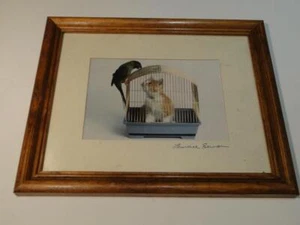 Charming Lawrence Berman Photography Art Cat Inside Bird Cage with Parrot on Top - Picture 1 of 3