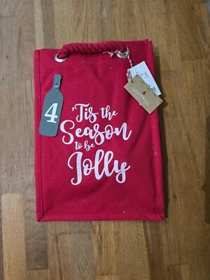 Tis the Season to Be Jolly 4 botellas de vino bolsa de regalo de lona roja mango de cordón rojo Foto 1 de 2