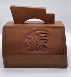 Vintage Wood Shoe Shine Box - Indian Head Carving Logo