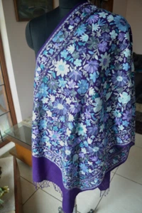 FLORAL CREWEL EMBROIDERED 100% CASHMERE PASHMINA WHITE STOLE KASHMIRI HANDMADE - Picture 1 of 6