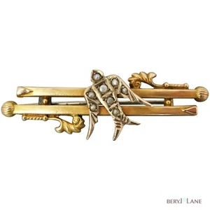 Charming Antique EDWARDIAN 9ct Gold Seed PEARL SWALLOW BIRD Bar BROOCH - Bild 1 von 8