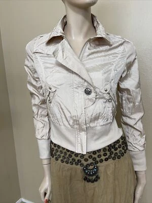 Women’s Beige Golden Polyester Zipper Button Beaded Embroidery Size M Jacket Top - Image 1 of 4