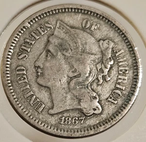 1867 Three Cent Piece Nickel 3c Antique United States of America III Coin - Picture 1 of 2