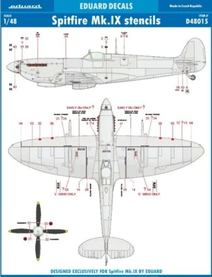 Eduard 1:48 Spitfire Mk.IX Stencils Data Waterslide Decals D48015 (Eduard) - Image 1 of 3