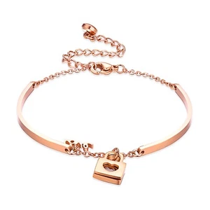 Stainless Steel Rose Gold 0.25 Carat CZ Heart Lock & "Love" Bracelet - Bild 1 von 3