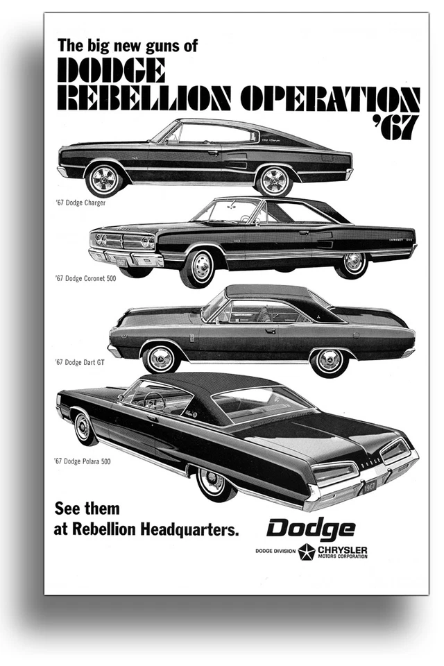 Cartel publicitario Dodge Charger Coronet Dart Polara 1967 13x19 impresión artística rebelión r/t Foto 1 de 1