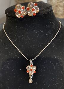 Silver Tone Light And Dark Orange Crystal Necklace And Earrings Costume Jewelry