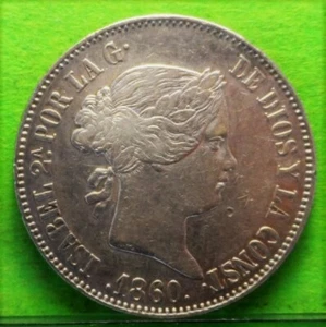 ISABEL II, 10 Reales, 1860, MADRID, Silver, SPAIN - Picture 1 of 2