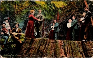 Alte Postkarte Tanzen auf einem Zedernstumpf WA Washington 1910 L-258 - Bild 1 von 2