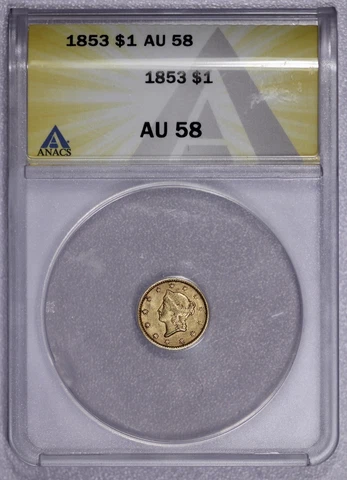1853 Gold $1 Liberty Head Dollar ANACS AU 58 Cover