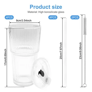 4 Pcs Ribbed Glass Tumblers Stylish Ribbed Glass Cups with Lids and Glass AU~· - Picture 1 of 11