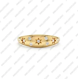 Natural Diamond Celestial Ring, 14k Yellow Gold Dome Star Pinky Finger Band Ring - Picture 1 of 8