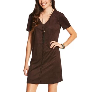 Ariat Dress Womens Size Medium Afton Brown Faux Suede Short Sleeve V Neck Shift - Picture 1 of 11