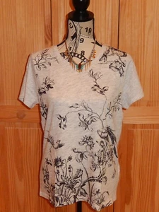 LUCKY BRAND ANTIQUE FLORAL & BIRDS HEATHER GREY TEE T SHIRT 100% COTTON NWT - Picture 1 of 8