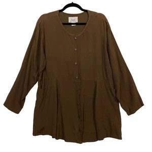 Top túnica Lagenlook manga larga abotonada marrón lino talla pequeña - Imagen 1 de 7
