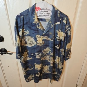 Hilo Hattie Hawaiihemd Herren XL blau beige Blumenmuster 100% Seide Knopfleiste - Bild 1 von 6