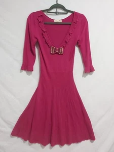 Alannah Hill Size 10 Deep Rose Pink Knit Dress Long Sleeve Scallop Hem Bow Detai - Picture 1 of 6